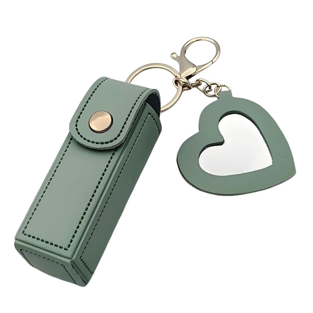 Portable PU Leather Lipstick Holder Keychain With Heart-Shaped Mirror For Women Girls Handbag Charms Accessory Creative Gift