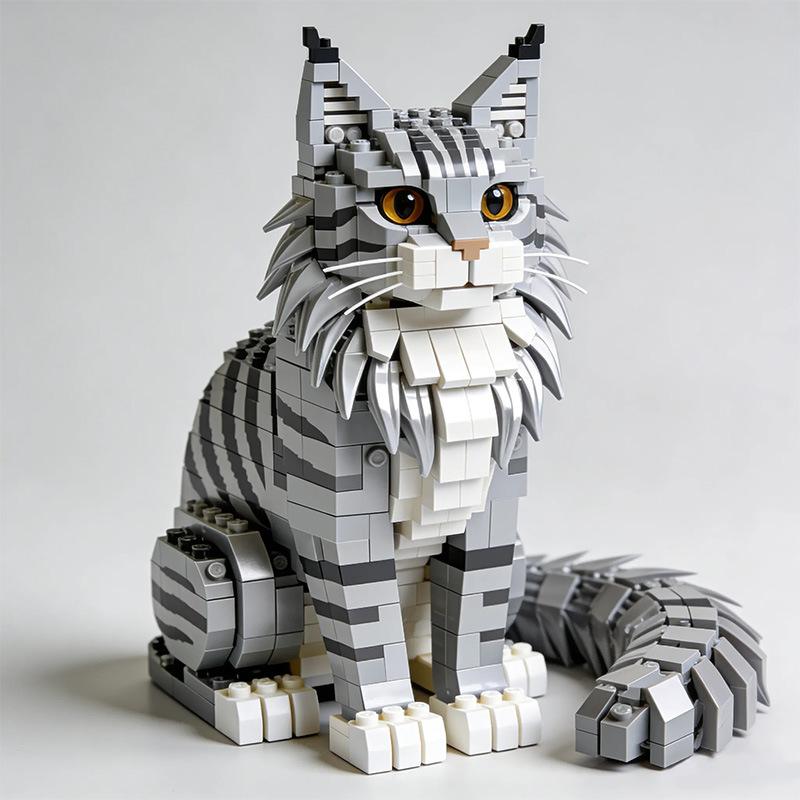Lebensechtes Maine Coon Katzen Bau-Set DIY Puzzle Modell Innendekoration Sammlung Geschenk grau