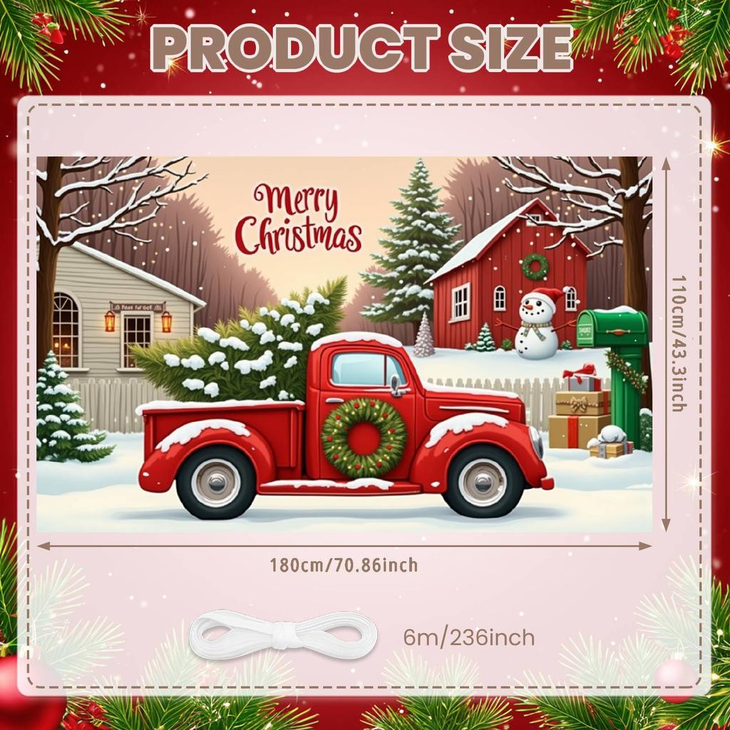 Winter Holiday Banner Red Truck Design Xmas Display Holiday Backdrop Wreath Ornament Snowy Christmas Backdrop For Christmas