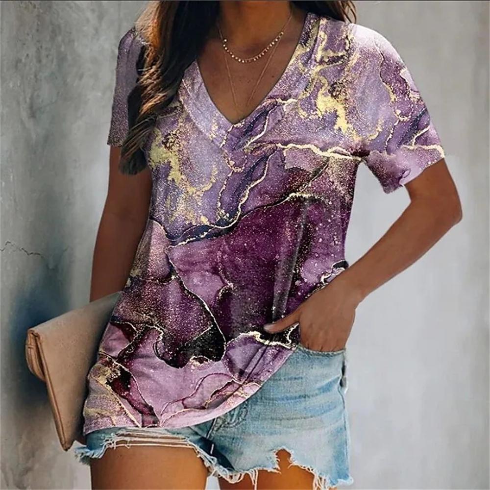 Fashion V-Neck Short Sleeve Colorful Tassels Print T-Shirts Summer Casual Elegant Women's Large Size T-Shirts