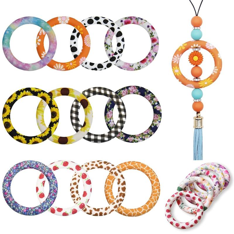 12Pcs Silicone Beadable O Rings Bulk 65Mm Round Silicone Beads Loop With 2 Hole, Water Transfer Printed Silicone Pendant