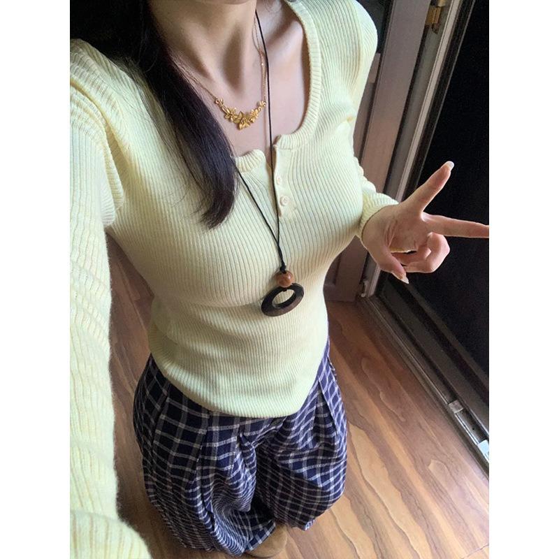 Half-open Neck Button-neck Knitted Long-sleeved Bottoming Shirt Women's Spring Tight-fitting Pure Wind Inner Top Sweater