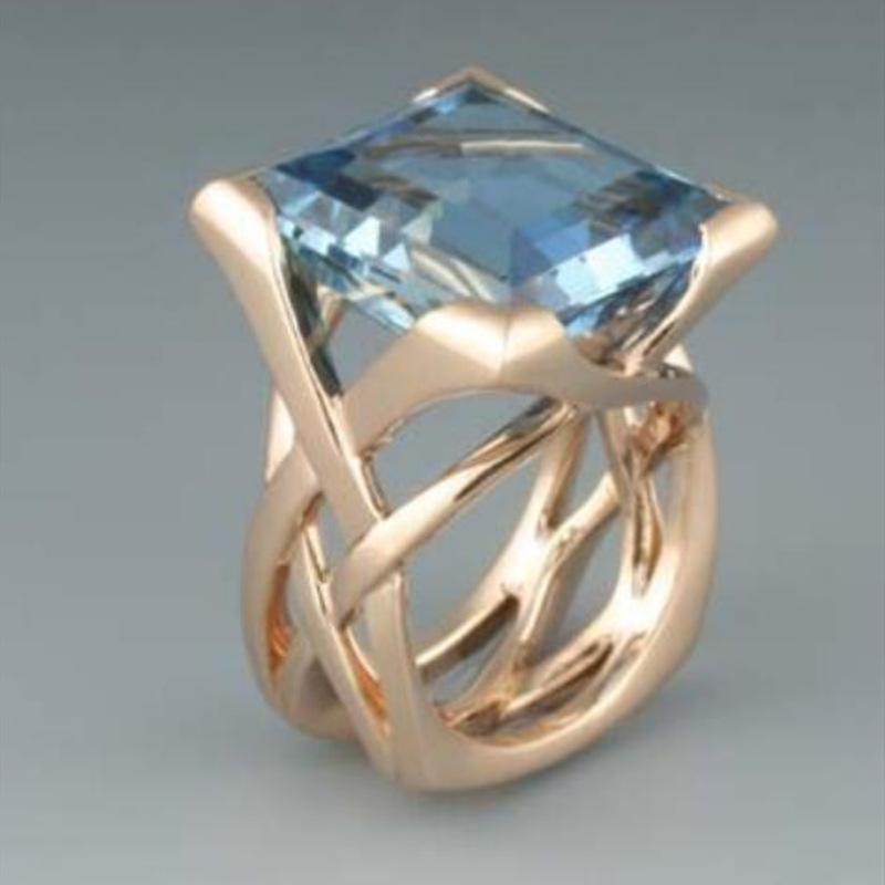 Elegant Gold Color Inlaid Blue CZ Women's Ring Square Hollow Daily Wear Party Jewelry