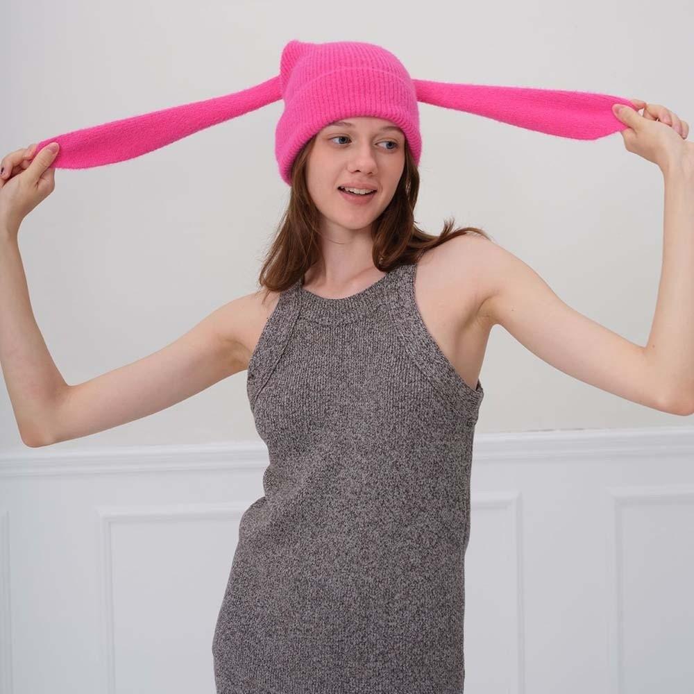 Korean Style Rabbit Ears Cap Trendy Brimless Beanie Hat Personality Bunny Pullover Cap  Outdoor