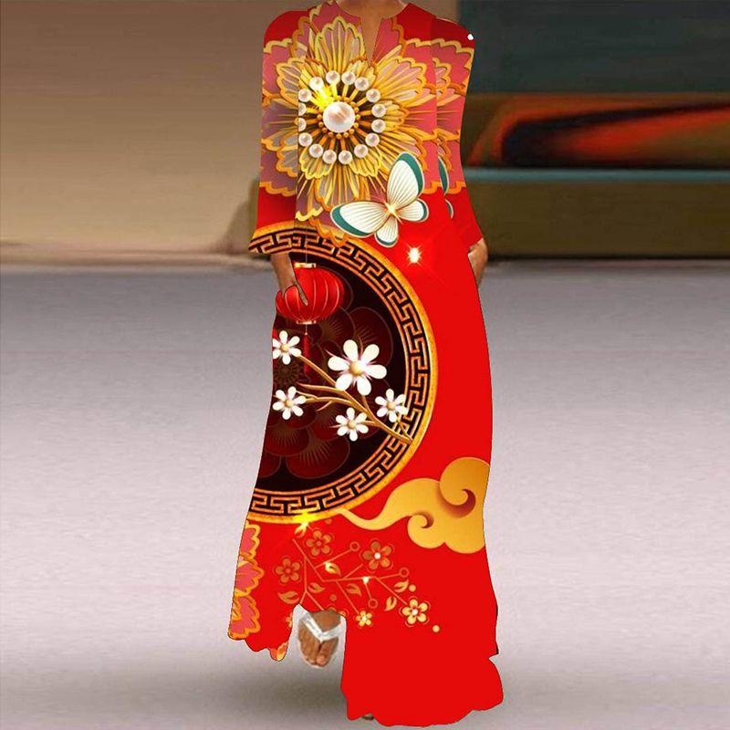 Long Sleeve Dress Classical Beauty Pattern Print Dress Stage Show Performance Wear Travel Photography Clothes