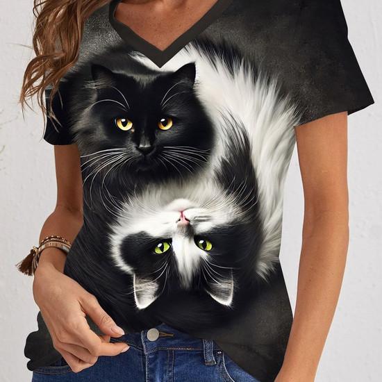 Cute Kitten T-Shirts Cat 3D Print Summer Women's Casual Short Sleeve V-Neck T Shirt Top Y2k Harajuku Tees Female Street Clothing