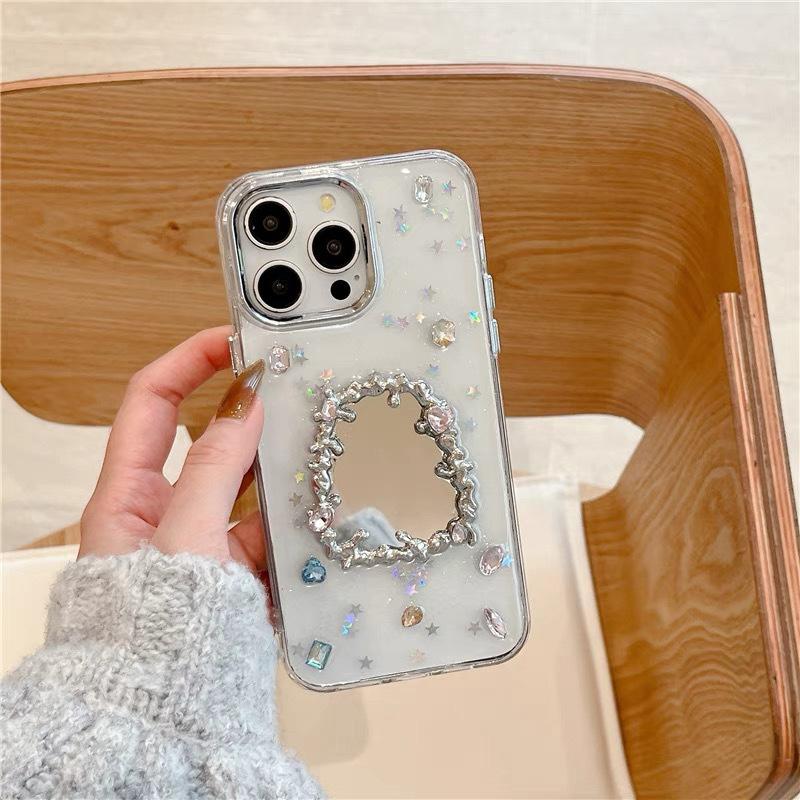 Applicable To Iphone16Promax Mobile Phone Case Apple 17 Female Epoxy Rhinestone Love Mirror 14 Sequins
