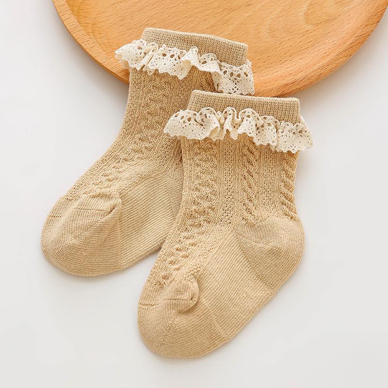 Girls' Socks Coffee Color Autumn/Winter Children's Soft Cotton Lace Sock Lace Baby Princess Sock Mid Tube Children's Socks