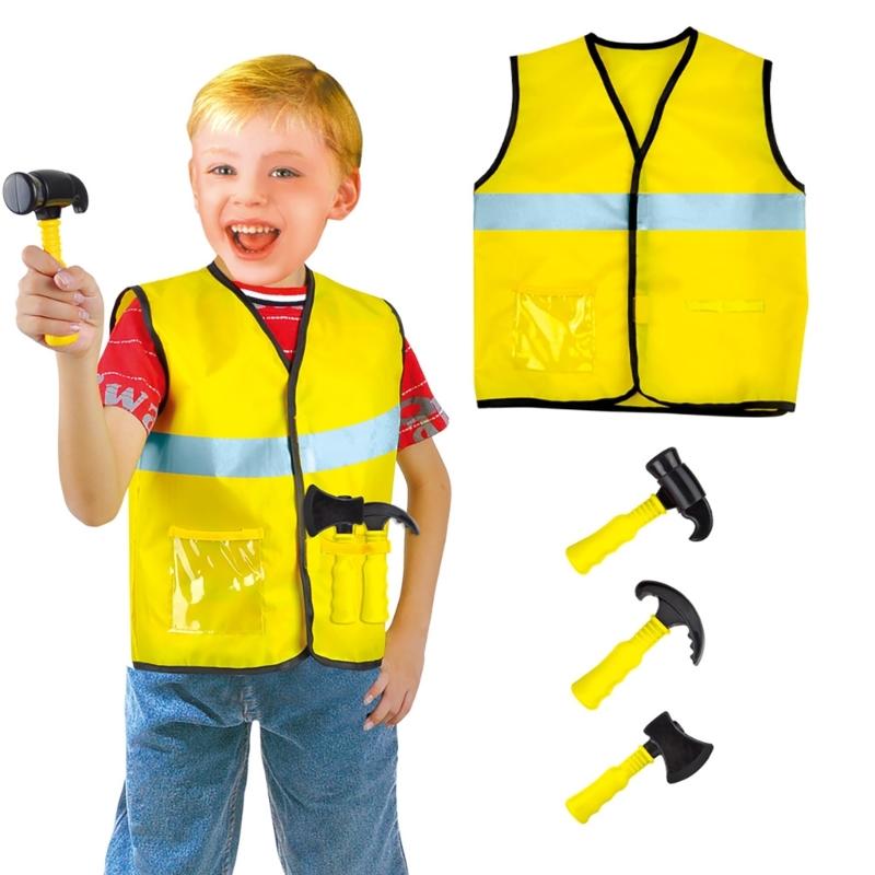 Kids Builder Worker Costume Halloween Fireman Dress up Outfits with Role Play Tool Accessories for Ages 3-12 Boy Girl