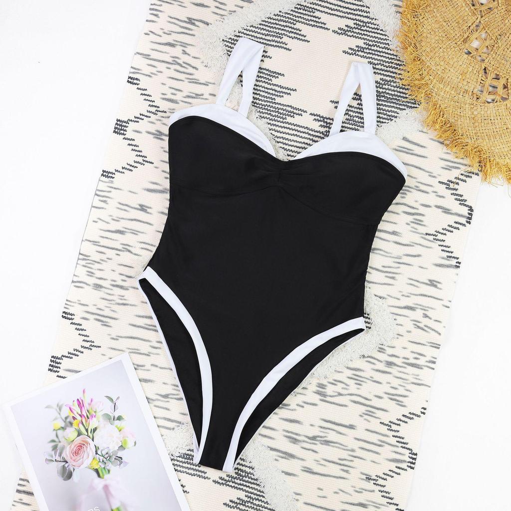 European & American Plus Size Women's Black and White Colorblock One-Piece Swimsuit - Sexy Cross-Border Triangle Bikini.