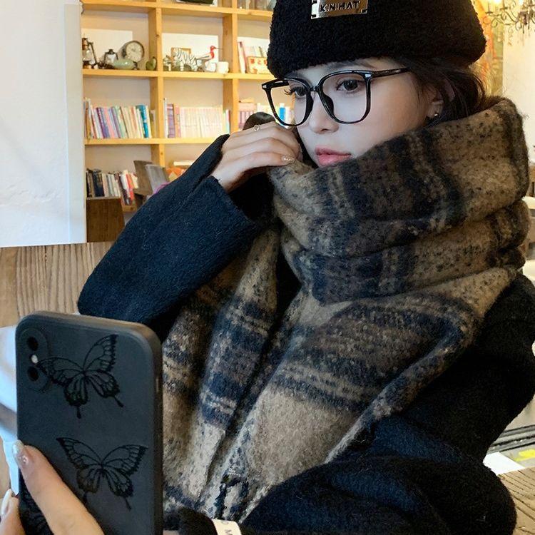 Korean Version of Mohair Plush Scarf for Women Winter High End New Versatile Plaid Scarf Student Shawl Outer Wear