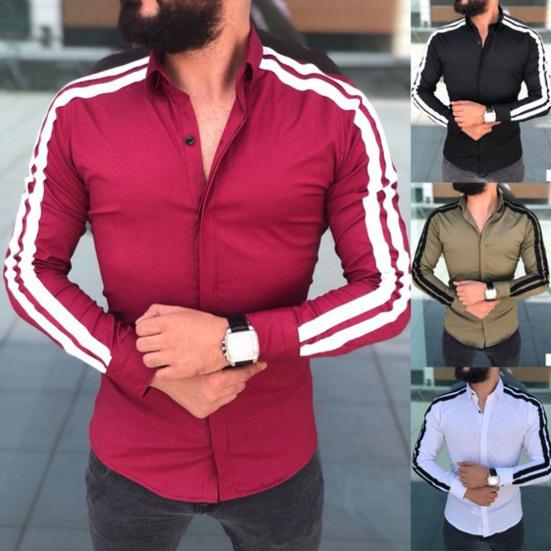 Long Sleeve Turn-down Collar Men Shirt Button Cuffs Side Striped Slim Office Shirt Leisure Clothing