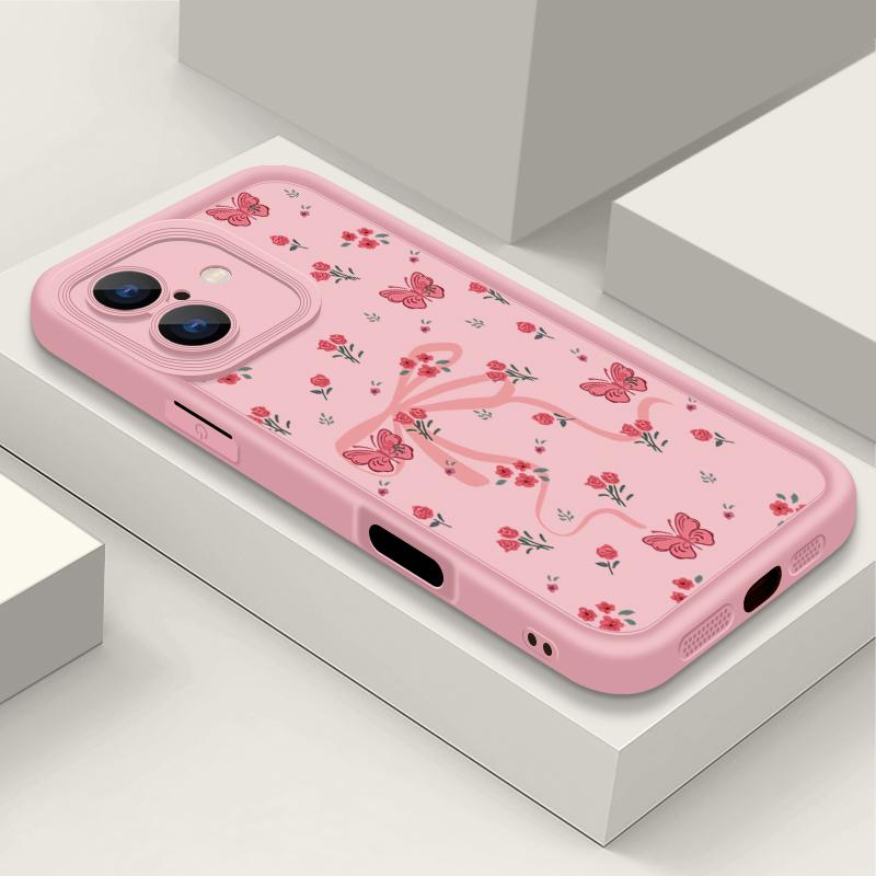 Carcasă Mată TPU cu Imprimeu Floral și Fundă pentru iPhone 16 Pro Max 15 Pro 14 13 12 11 XS XR Protecție Obiectiv Rezistent la Șocuri Husă Moale Silicon Telefon