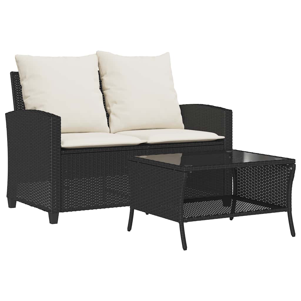 2 Seater Garden Sofa with Cushions & Table Black Poly Rattan