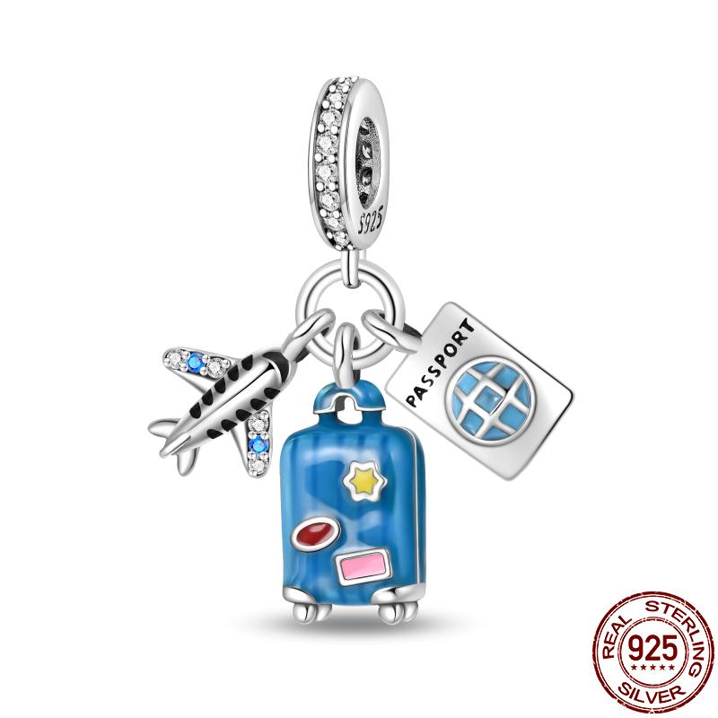 Copper Travel Series-Beach Ocean Suitcase Charms Fit Original 3Mm Pan Bracelet For Women Birthday Fine Jewelry Gift