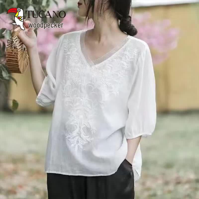 TUCANO Women s Retro V-Neck Embroidered Loose Summer Top XL
