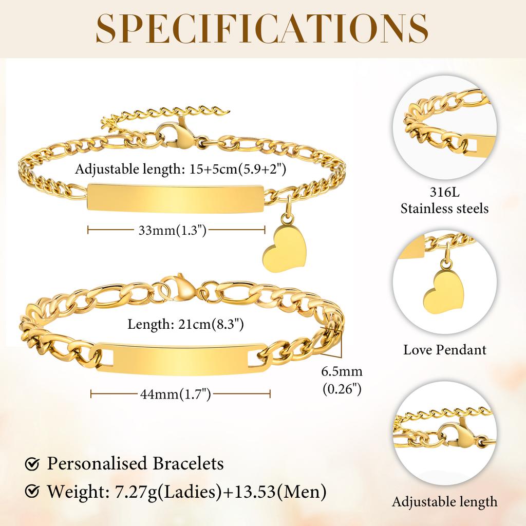 Personalized Matching Bracelet Couples, Stainless Steel Figaro Cuban Chain Link, Heart Danglin Engraving ID Bracelets