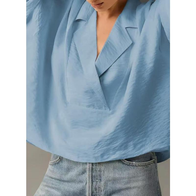 Loose Fit Short Sleeve Turn Down Collar Solid Color Casual Shirt With Pleats