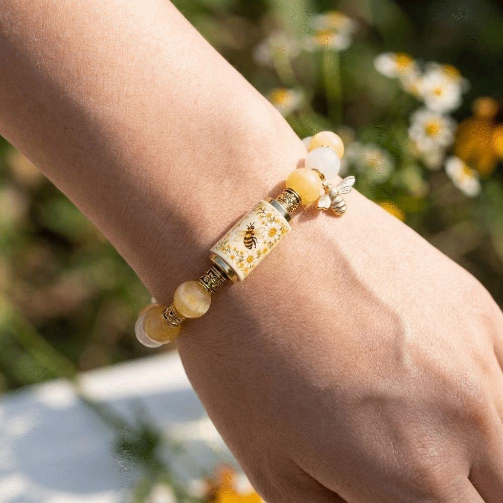 Stainless Steel Beaded Stretch Bracelet Sunflower Bee Pendant Hand Chain Charm Bracelet Garden