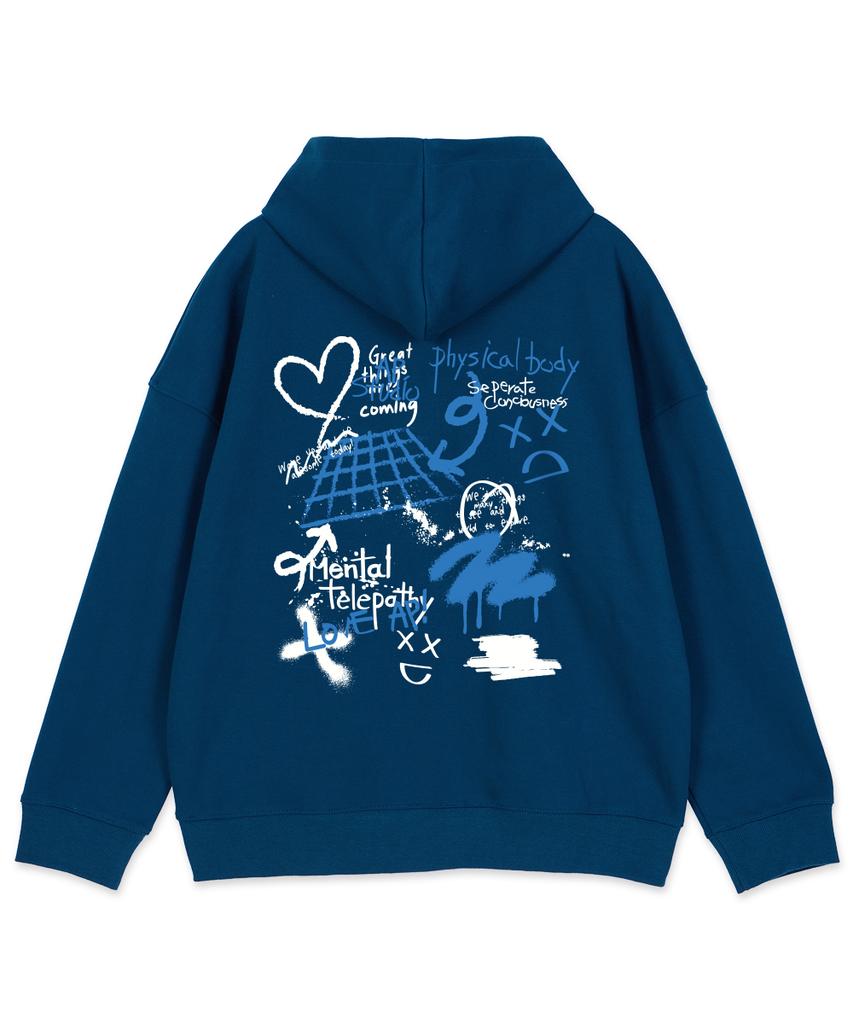 Astral Projection Graffiti Oversized Wide Shoulder Zip-Up Hoodie_Teal Blue