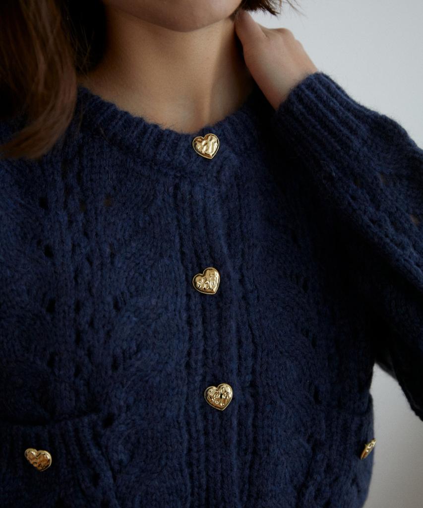 Wioe Heart Button Crochet Cardigan_Navy