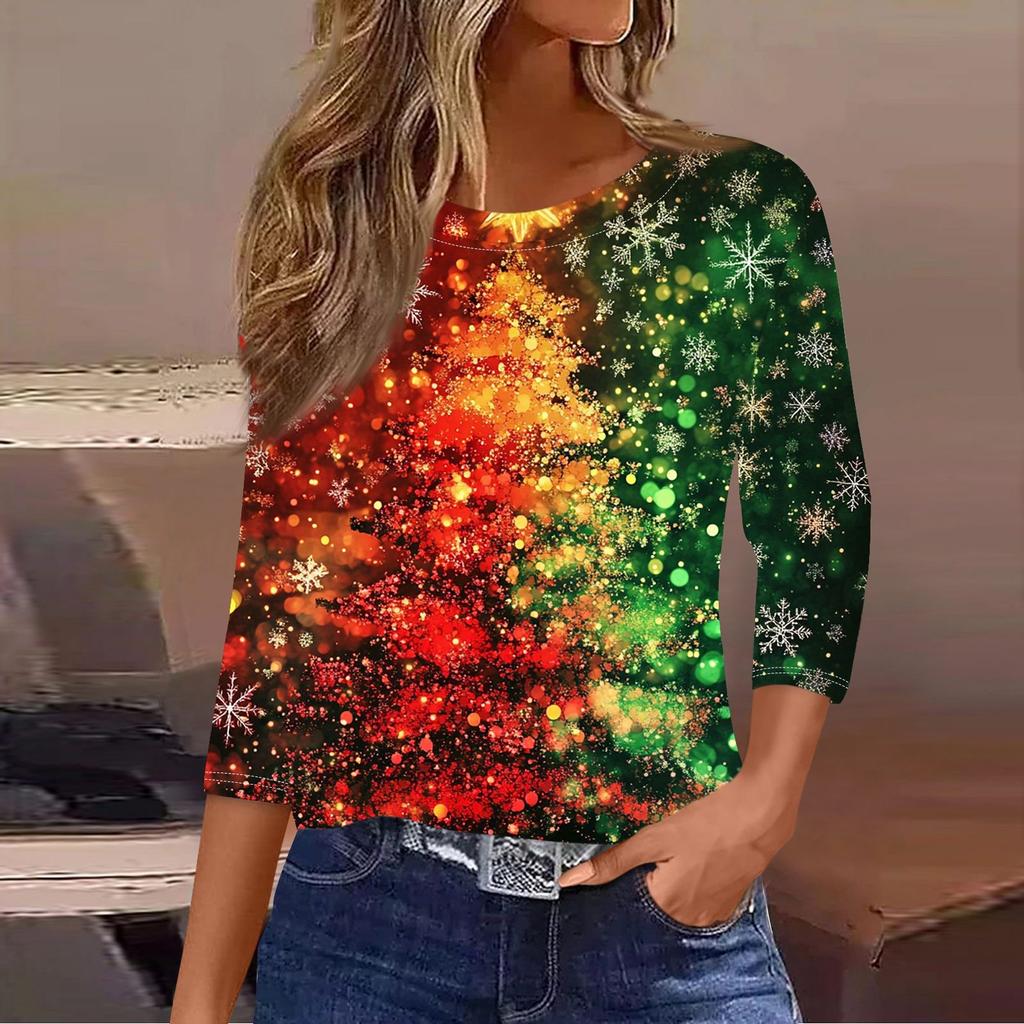 Dámská vánoční košile s kulatým výstřihem a potištěným sedmičtvrtečním rukávem.