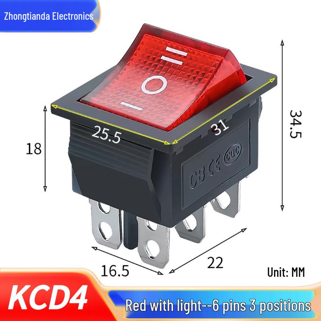 KCD4 Rocker Switch, Double Pole, 16A, 4/6 Pin with Light