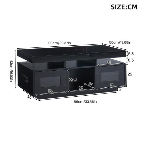 100x50x43cm Schwarzer Hochglanz-Couchtisch, mit steuerbaren LED-Leuchten, Mobile App, Wohnzimmertisch mit Schrank, Sofatisch mit Ladeanschluss und