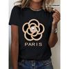 Women Camellia Flower Print T-Shirt Round Neck Short Sleeve Medium-Stretch Machine Washable Casual Outdoor All-Season Top