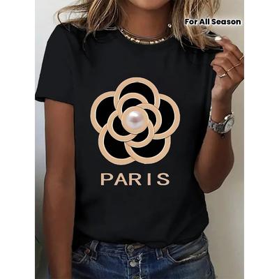 Women Camellia Flower Print T-Shirt Round Neck Short Sleeve Medium-Stretch Machine Washable Casual Outdoor All-Season Top