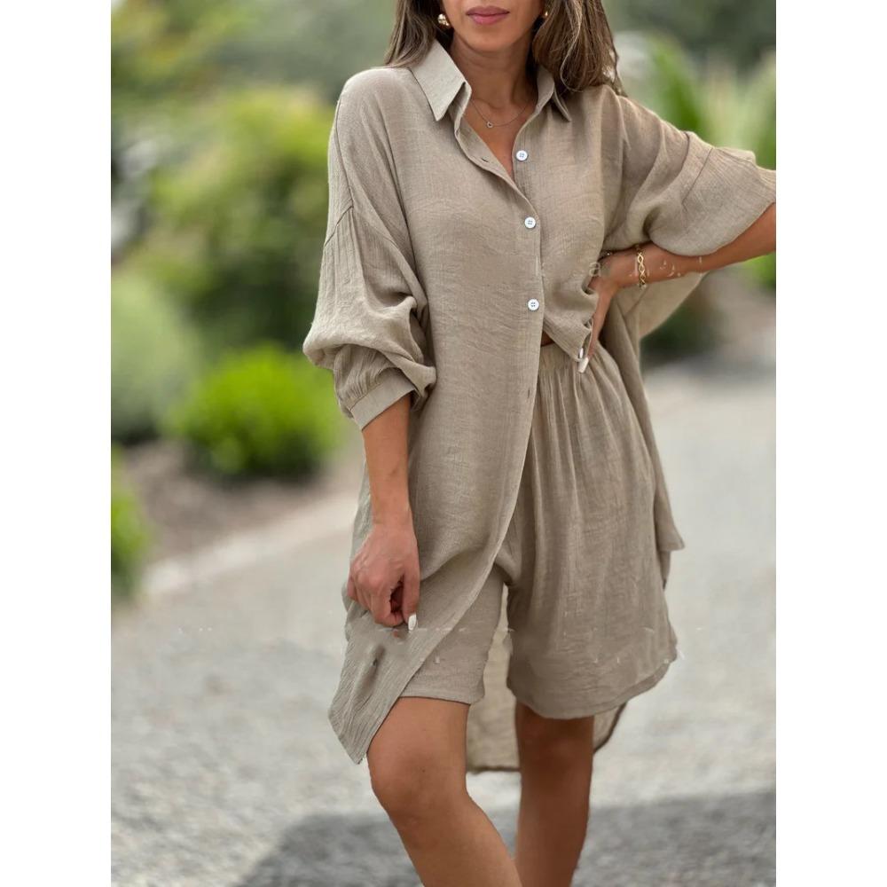 Spring New Women's Two-piece Shirt Set Plus-size Shirt Set High-waisted Loose Shorts