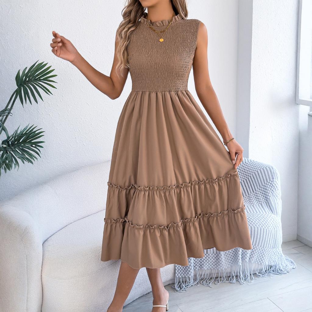 Women's Fashionable Color Round Neck Casual Sleeveless Dress With A Gathered Waist And Black Fungus Edge