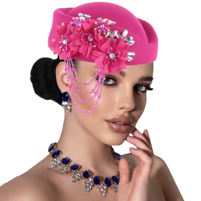 Classic British Flight Attendant Hat Women Retro 3D Floral Decor Elegant Cap for Wedding Outfit