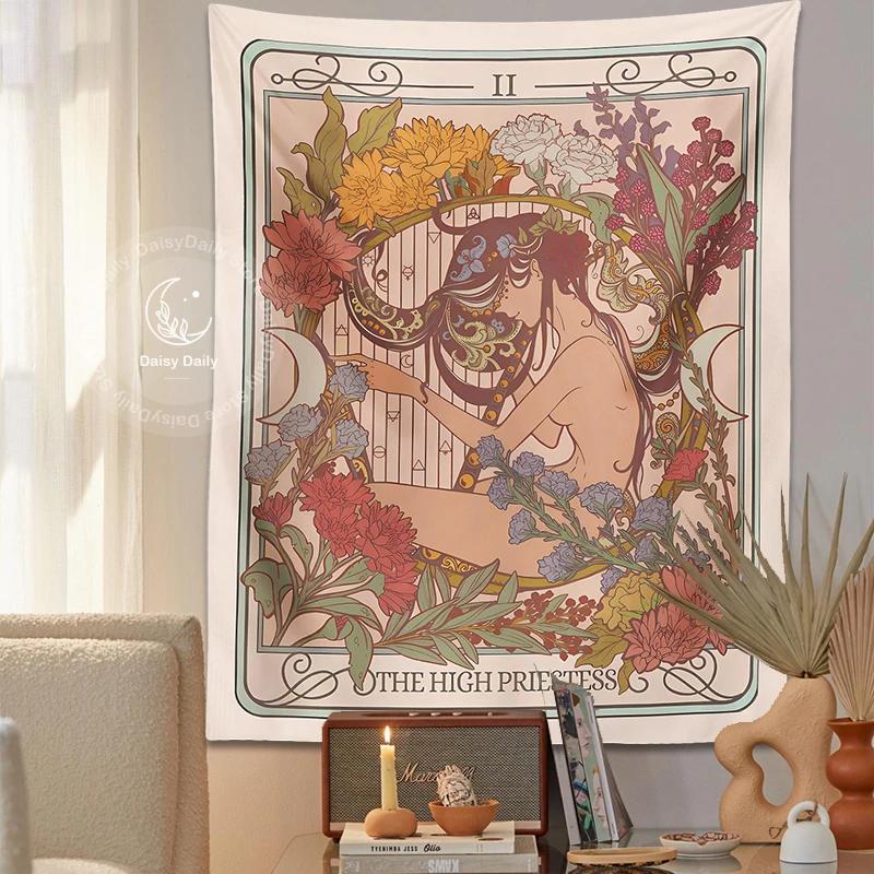 The High Priestess Tarot Tapestry Wall Hanging Trippy Witchy Cottagecore Boho Decoration Hippie Mattress Girls Dorm Room Decor