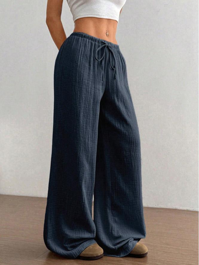 

2025 European & American Fashion: Versatile Solid Color Wide-Leg Drawstring Pants for Women - Casual & Loose Fit. XL темно-синього кольору