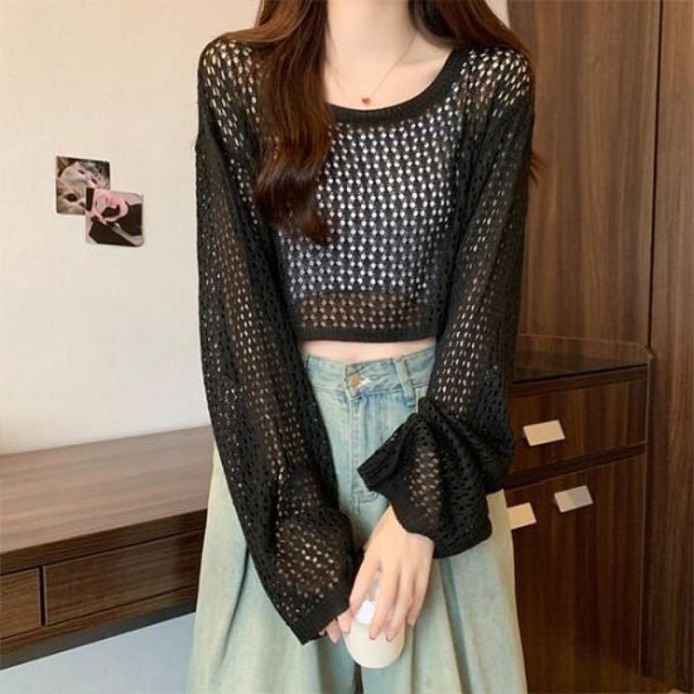 Navava Women Cropped Punching Long Sleeve KniT T shirT Nk2881