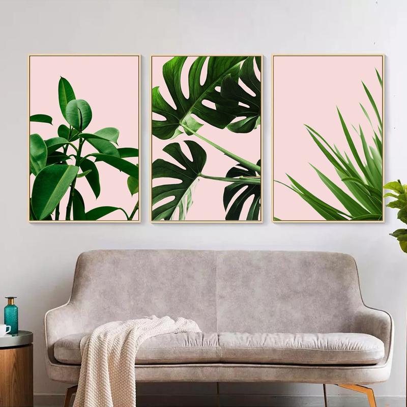 Minimalist Canvas Painting Tropical Leaves Print Nature Poster Green Fresh Pink Wall Art Decorative Pictures for Living Room