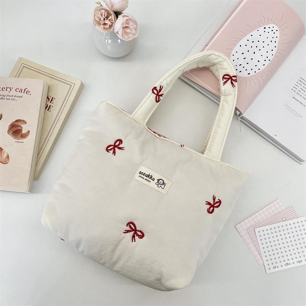 Korean Style Quilted Bow Embroidery Handheld Canvas Handbag for Women 2026 New