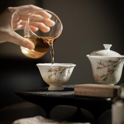 Hand Painted Ceramic Tea Cup Underglaze Apricot Rain Design Single Cup for Gongfu Tea Set Chinese Tea Ceremony