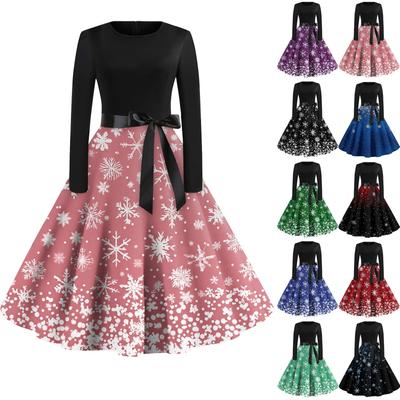 Women's Casual And Fashionable Long Sleeved R-neck Snowflake Print Dress
