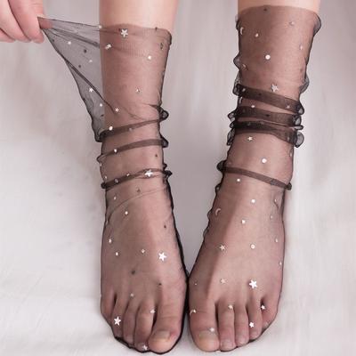 See Through Transparent Women Socks Colorful Star Summer Ultra-Thin Nylon Loose Long Socks Women Sweet Girls Mesh Lace Socks Sox