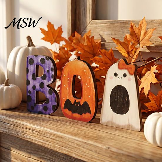 Freestanding Wood BOO Block Set Halloween Wooden Ornaments, Lettering Decorations, Rustic Bat Pumpkin Ghost Playful Desktop Decorations Table