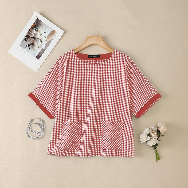 ZANZEA Damen Lässige Rundhals Kurzarm Karierte Print Bluse