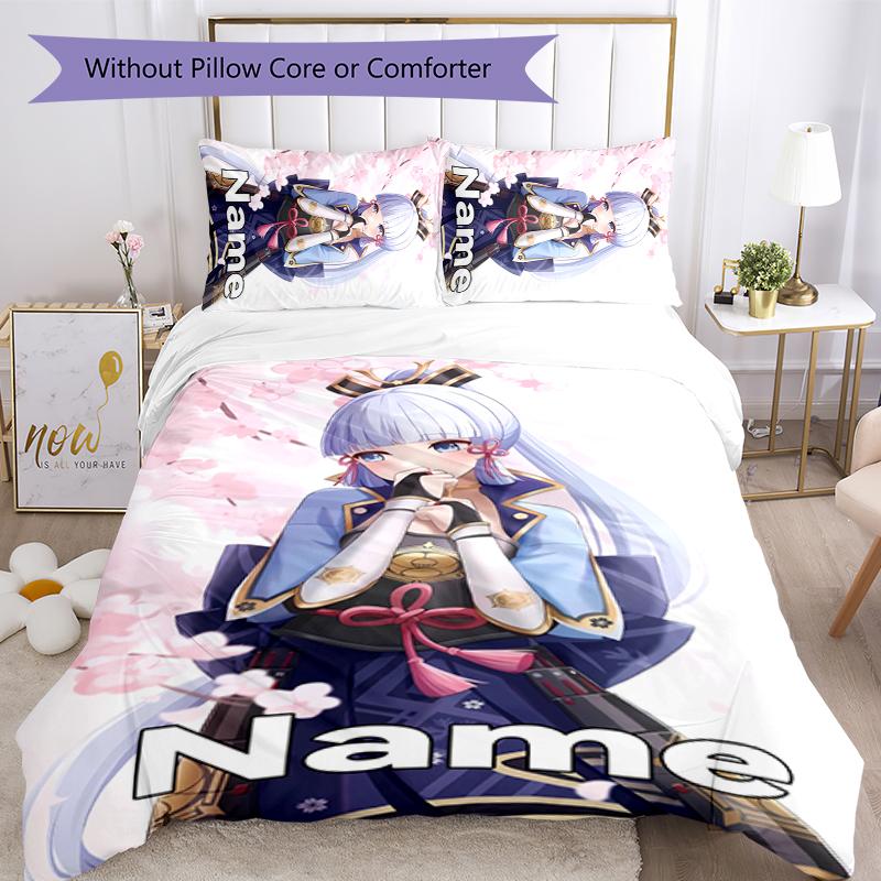 3pcs Custom Name Cartoon Genshin Impact Ayaka Kamisato Bedding Set Duvet Cover Closure Includes 1 Duvet Cover & 2 Pillowcases for All Seasons Bedroom