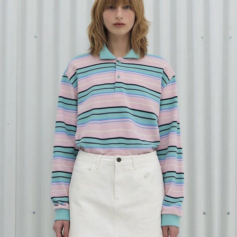 Zbzr New Fall Women's Clothing Fashion Wind Polo Collar Loose Casual Contrast Color Long Sleeves Stripes T-shirt-