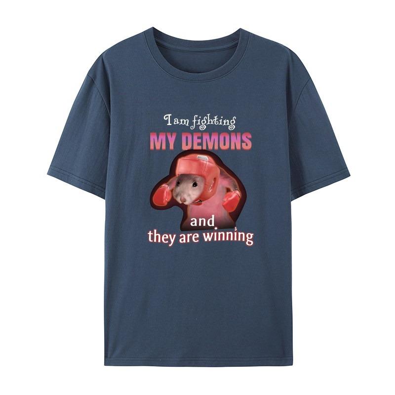Interesting Me Fighting Against My Demon and Winning The Mouse Meme White Casual Tshirt Mens and Womens Luxury Brand Top