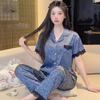 French Style Fashion Pajamas for Women, Short-Sleeve and Long Pants, Summer Thin Leopard Print Ice Silk Homewear Summer Set