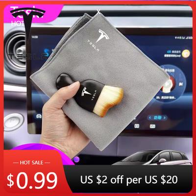 Aufkleber 2025 Neues Tesla Auto Handtuch Wildleder Doppelseitiges Auto Reinigungs Tuch mit Auto Detail Reinigungsbürste Für Tesla Model S X Y
