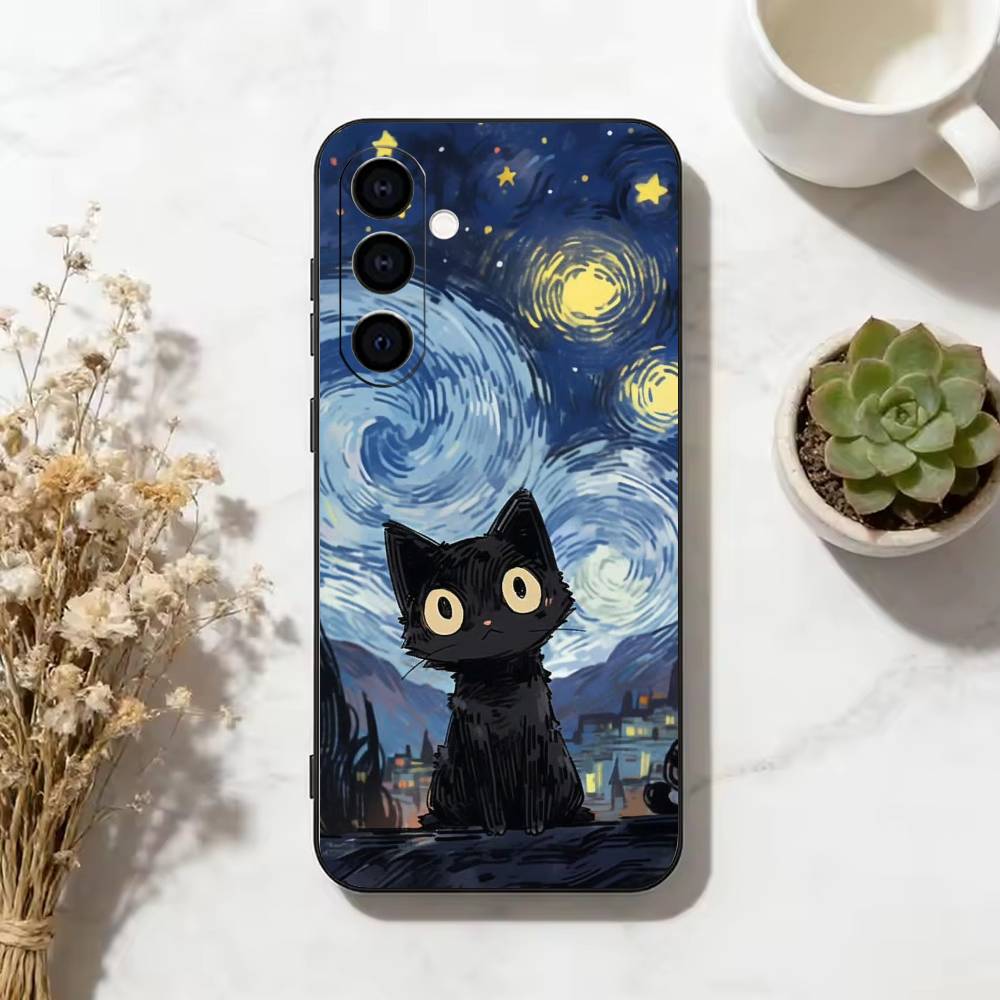 Funny Cat Van Gogh Style Phone Case For Samsung Galaxy A73,A72,A71,A70,A53,A52,A51,Others Soft Black Cover