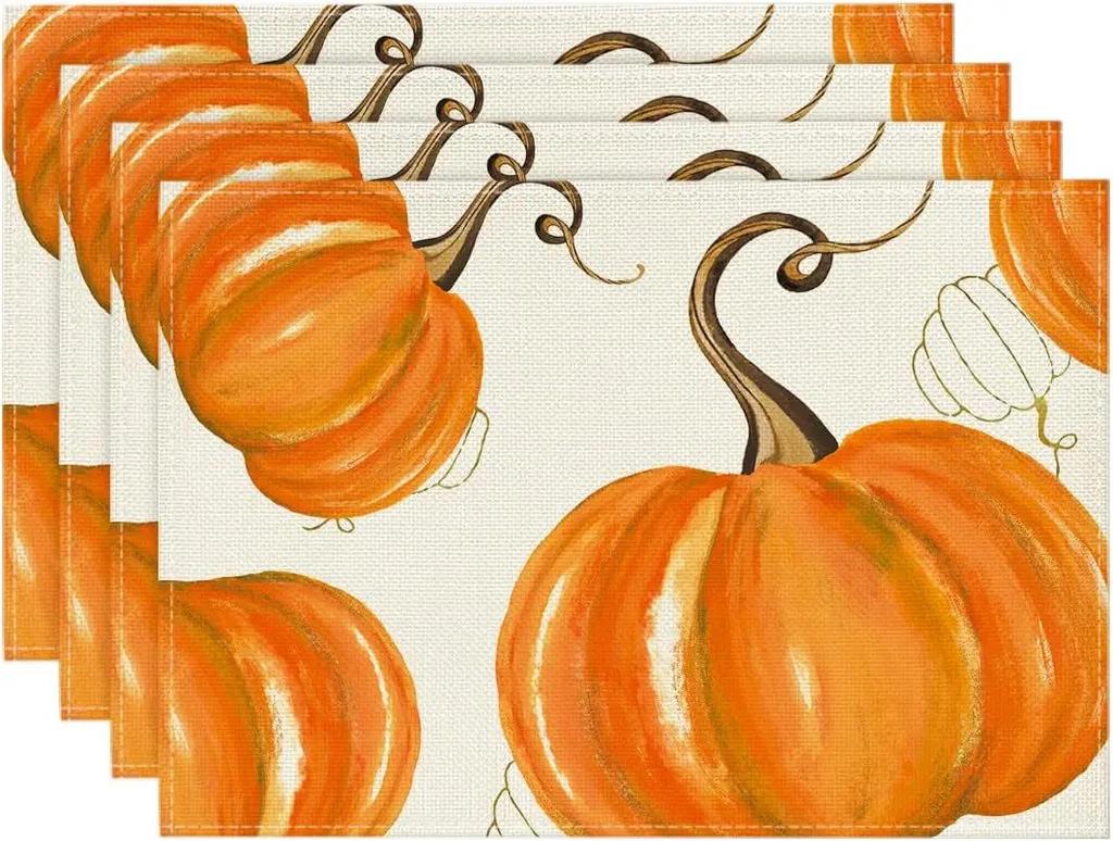 Fall Thanksgiving Table Mats Set of 4 Fall Pumpkin Maple Leaves Buffalo Plaid Placemats Seasonal Holiday Thanksgiving Placemats